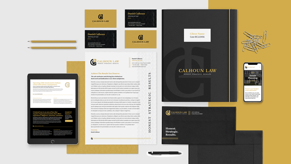 Northwest-Indiana-Graphic-Design_Kucsera-Design_Calhoun-Law_lawyer-brand-identity_Carousel Print collateral design package for Calhoun Law