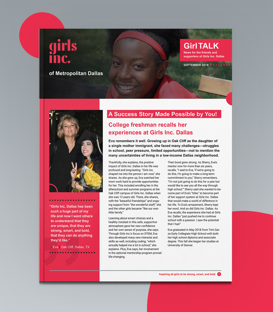 Newsletter design for community non-profit organization, Girls Inc.
