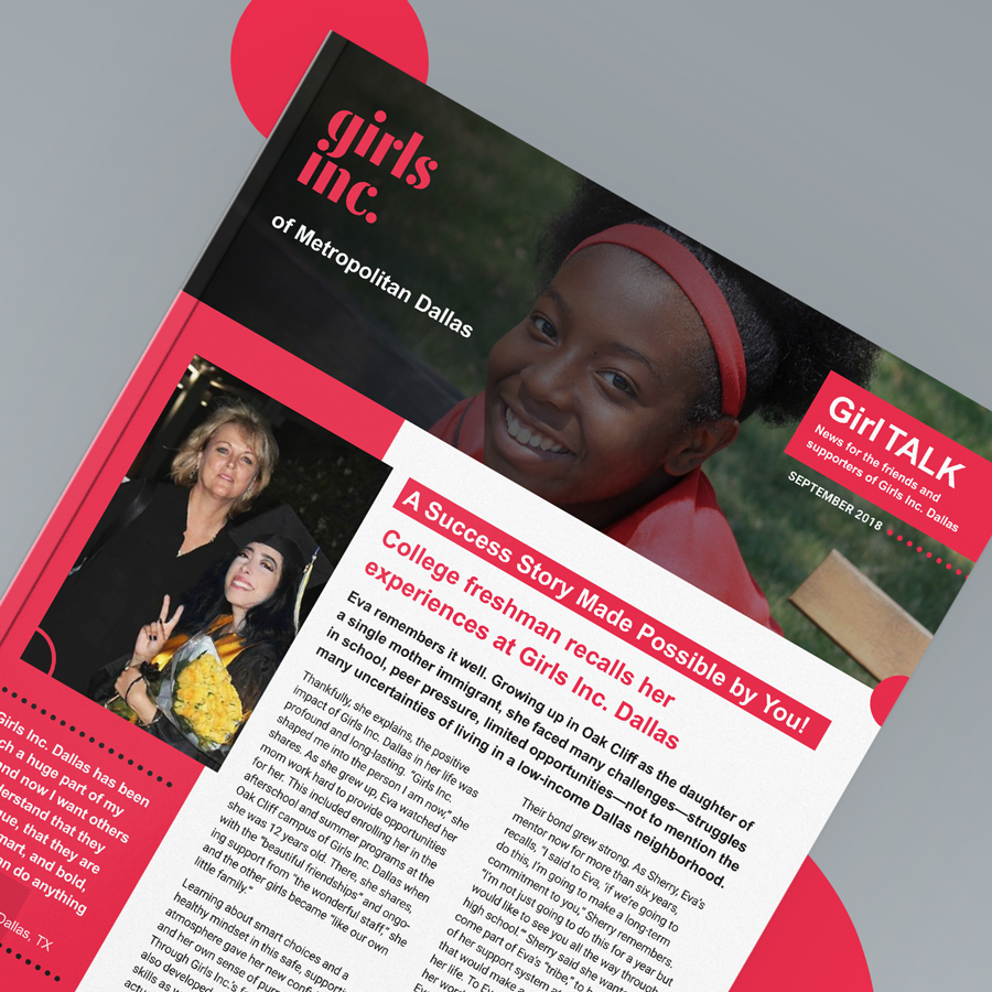 Close-up of a newsletter design for community non-profit organization, Girls Inc.
