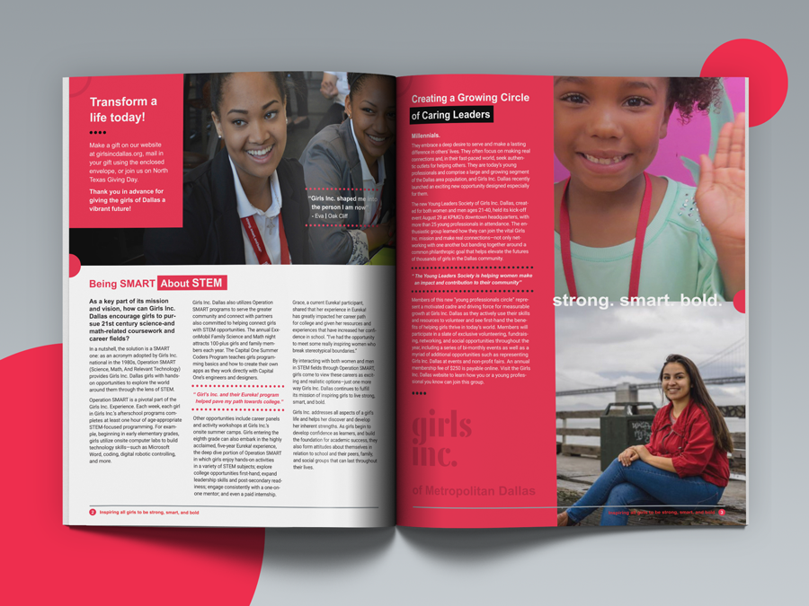 Newsletter layout design for Girls Inc. in Dallas, Texas