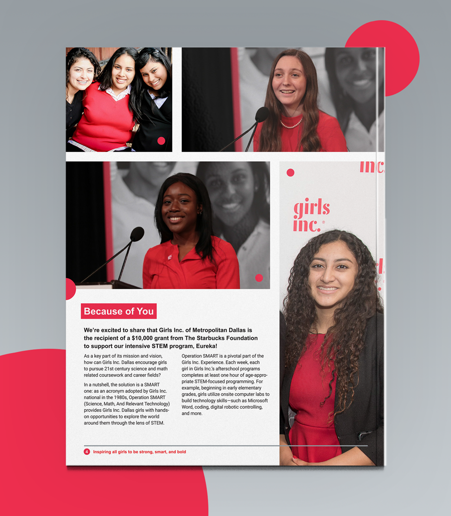 Back cover design of a quarterly newsletter for Girls Inc. in Dallas, Texas