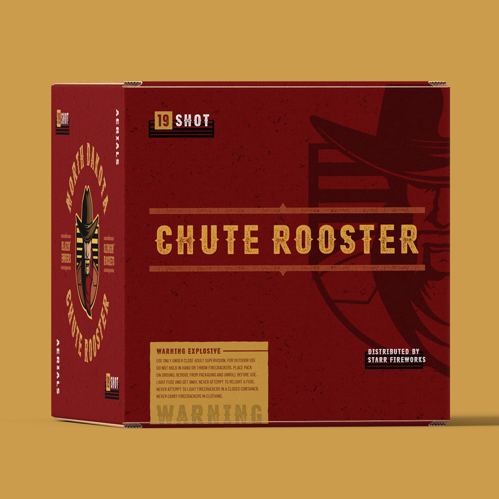 Backside of packaging design for Starr Fireworks chute rooster aerials