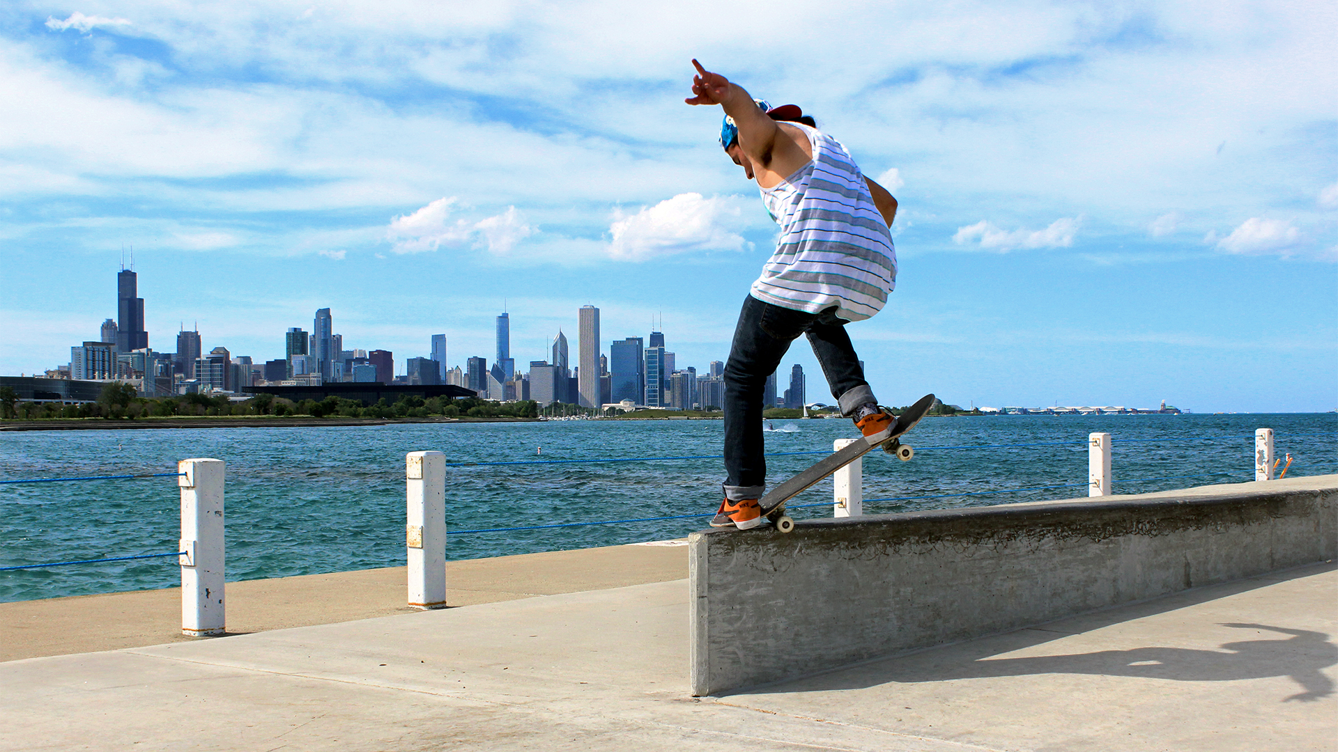 Team rider, Gabe Barajas, grinding a ledge in Chicago, Illinois