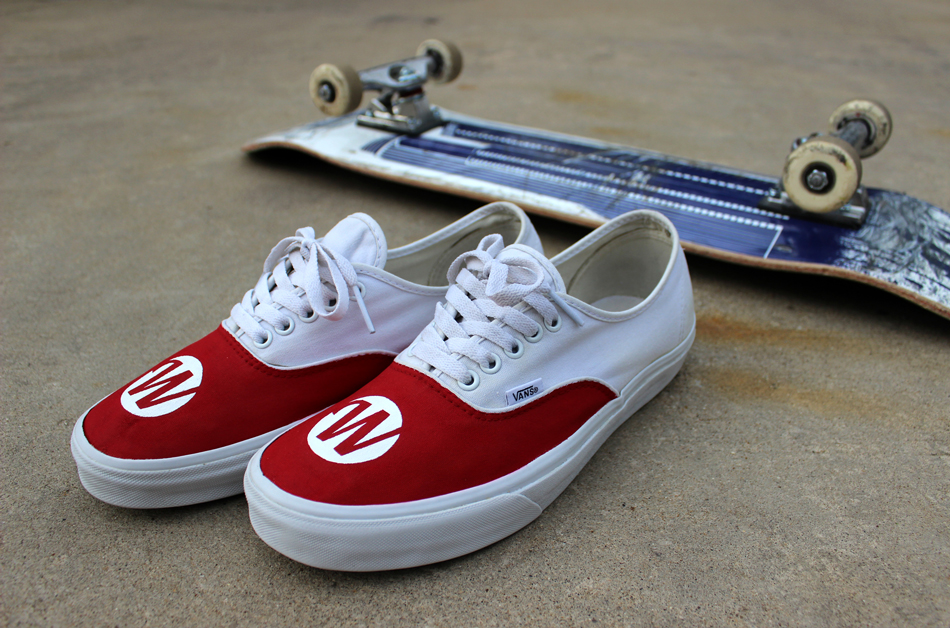 A custom pair of Wasera Skateboard branded Vans