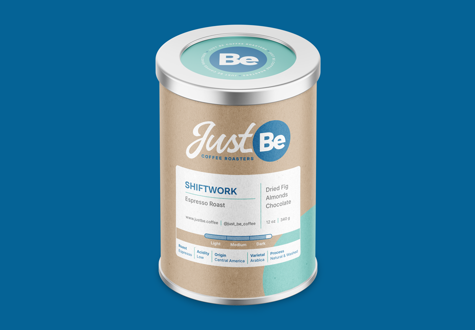 Packaging design for a Just Be Coffee Roasters kraft coffee can