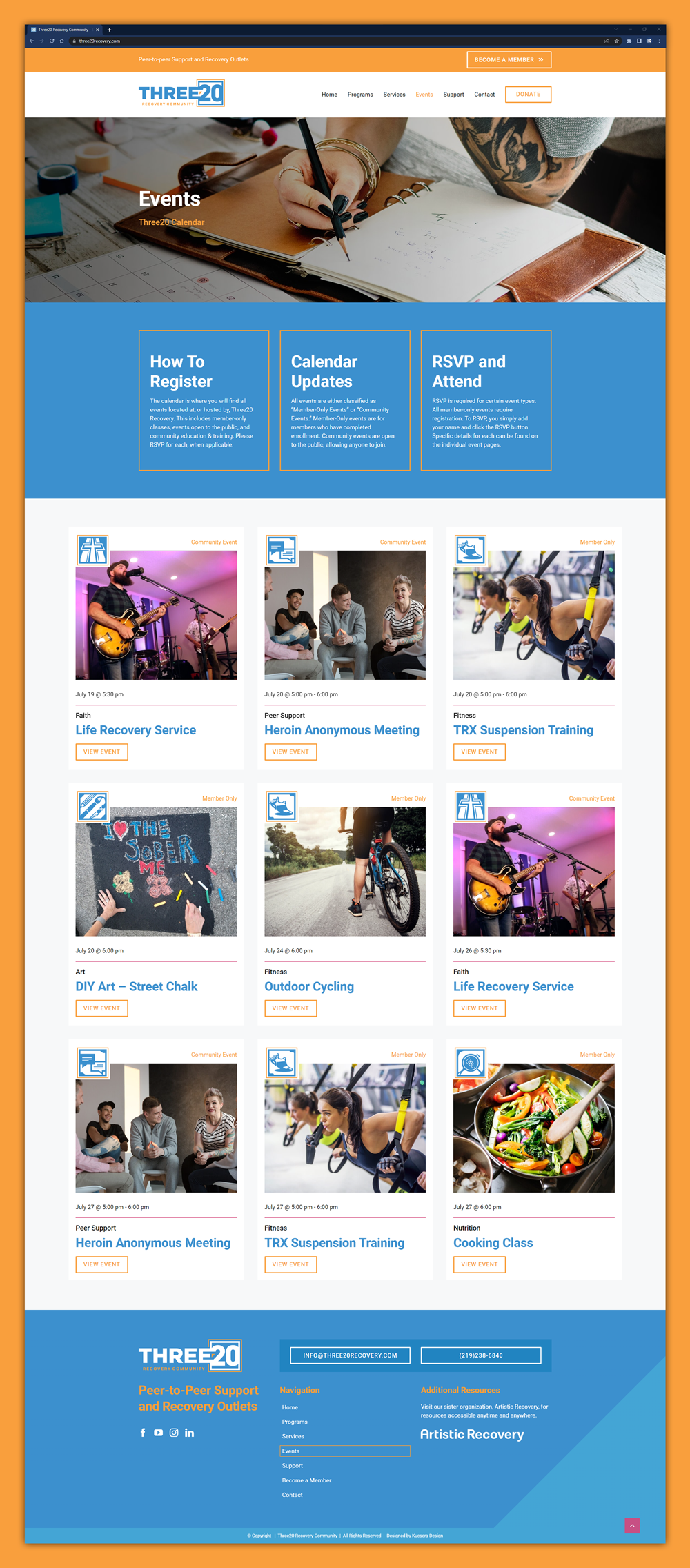 Three20 Recovery Community website design for Events page