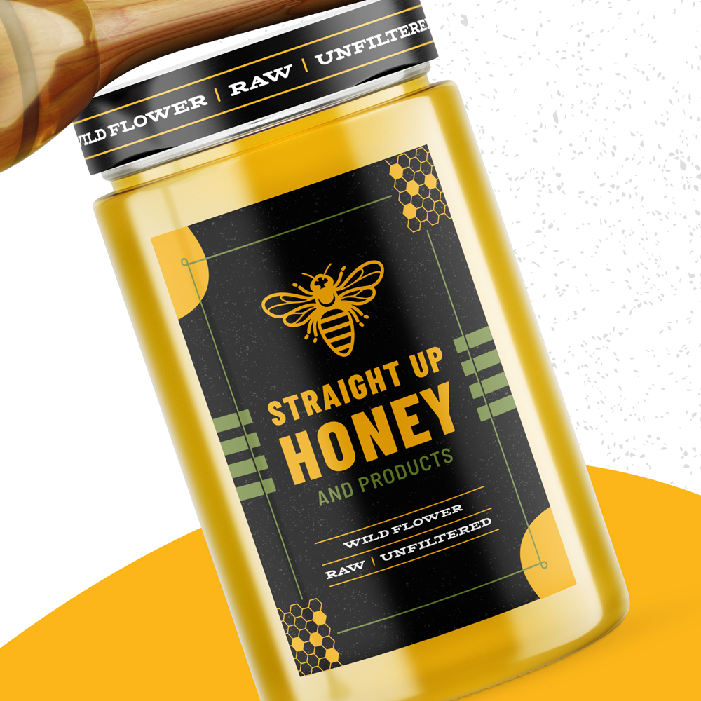 Northwest-Indiana-Logo-Design_Kucsera-Design_Straight-Up-Honey_Packaging-Design_Anglez Straight Up Honey jar packaging design, close up front